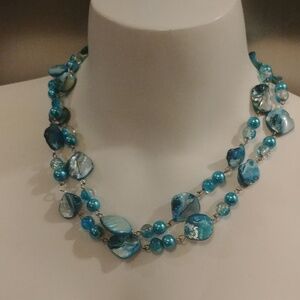 Double Strand Bright Blue/Green Shell and Faux Pearl Necklace